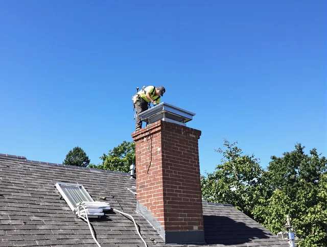 Bedford Chimney Sweep technician measuring a chimney cap in Bedford, MA