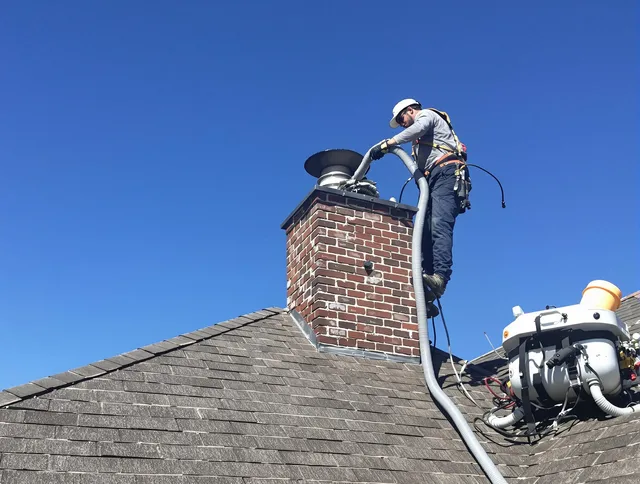 Dedicated Bedford Chimney Sweep team member cleaning a chimney in Bedford, MA