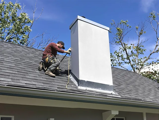 Bedford Chimney Sweep team member finishing chimney construction in Bedford, MA