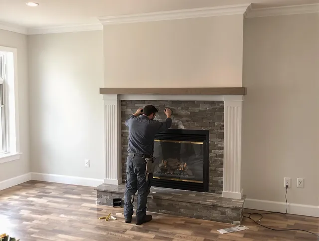 Bedford Chimney Sweep finishing a custom fireplace install in Bedford, MA